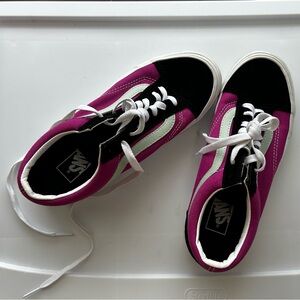 Pink, black, and light blue tie-up Vans